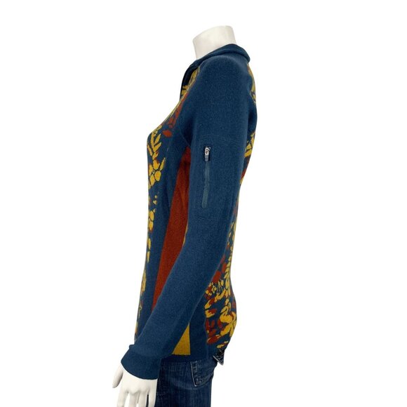 Title Nine 1/4 Zip Floral Sweater Small Zip Arm Pocket Merino Wool Blend Golfing - Picture 2 of 7